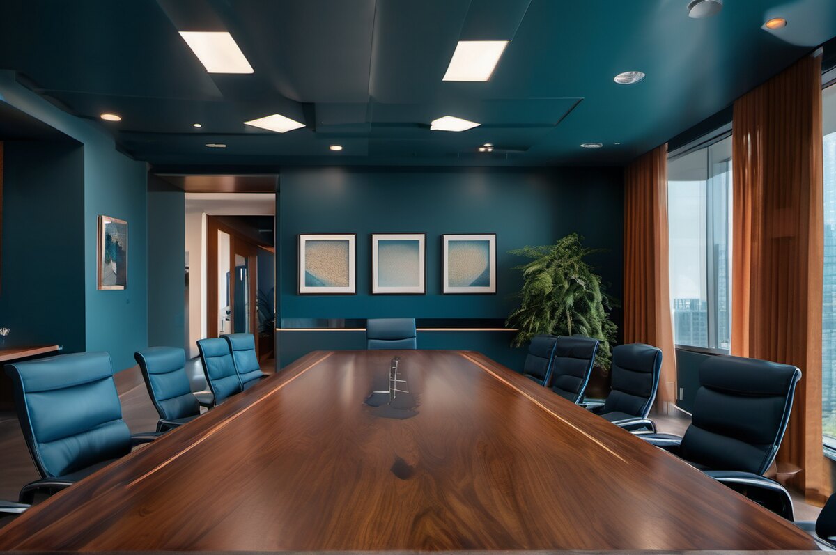 A SuiteSparc conference room with the SuiteSparc-branded touchscreen on the wall